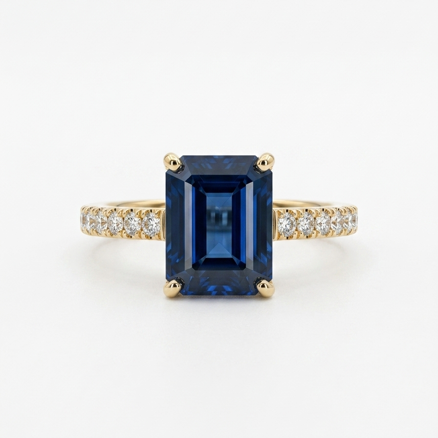 Anillo con Zafiro Rectangular y Pave de Diamantes Oro 18k