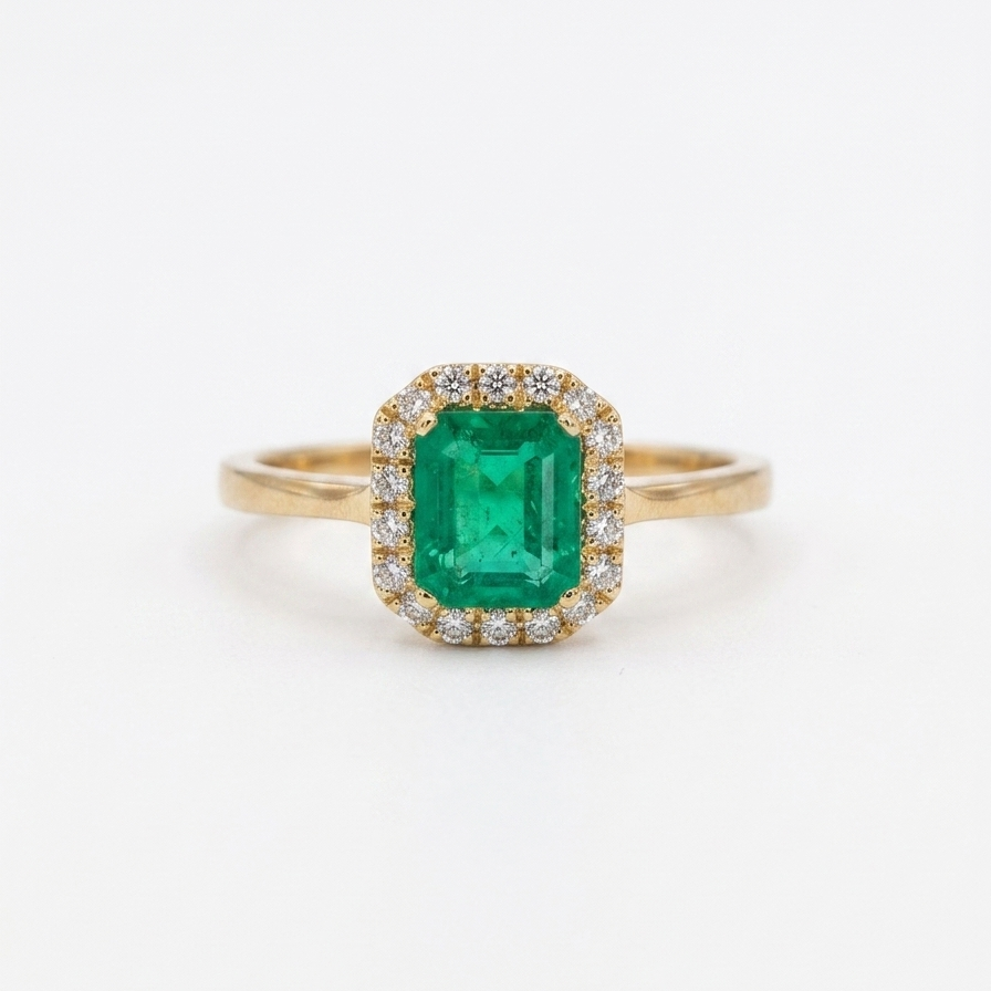 Anillo Cluster Diamantes y Esmeralda Top calidad Oro 18k