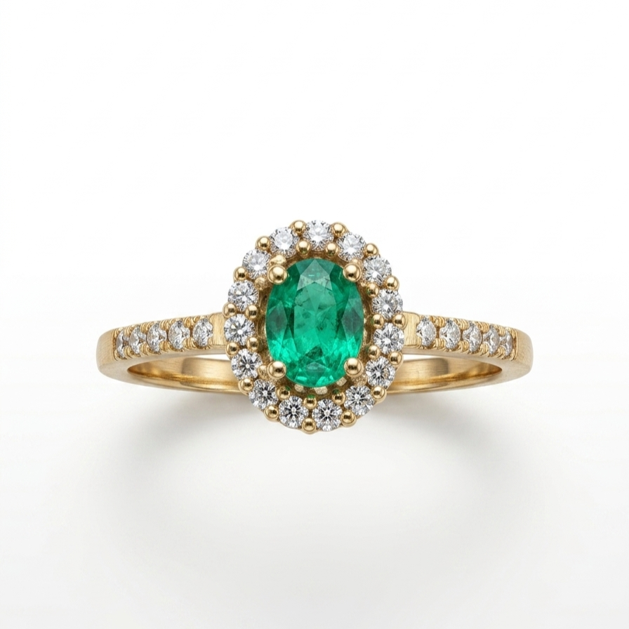 Anillo Cluster Esmeralda Ovalo con Pave de Diamantes Oro 18k