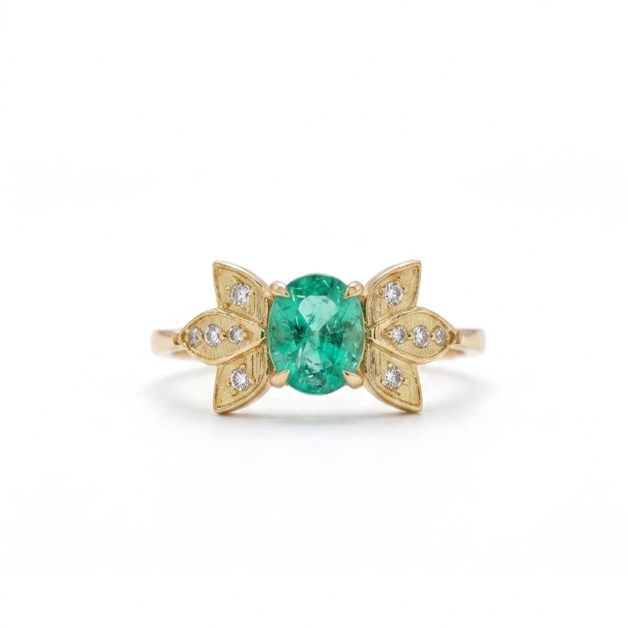 Anillo Mariposa Esmeralda redonda con diamantes Oro 18k