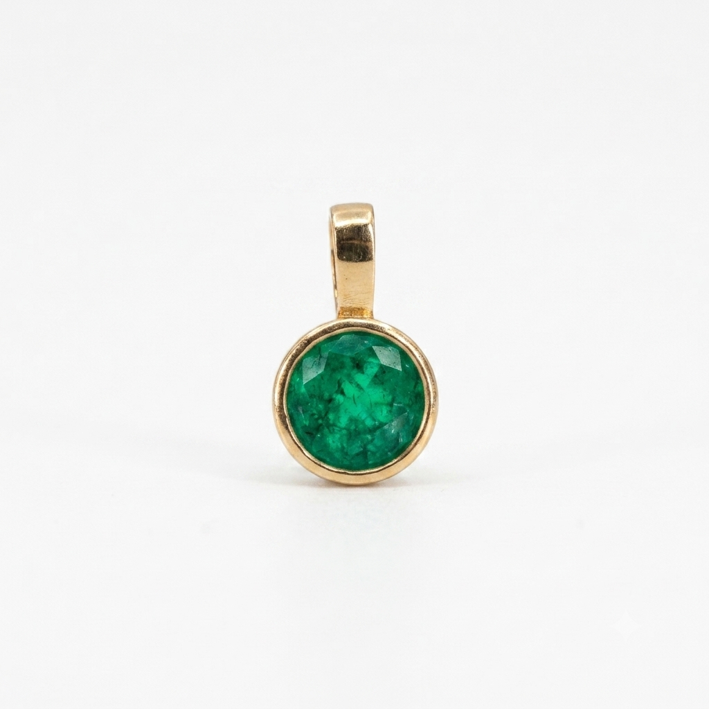 Dije Esmeralda Redonda en Engaste Biselado Oro 18k