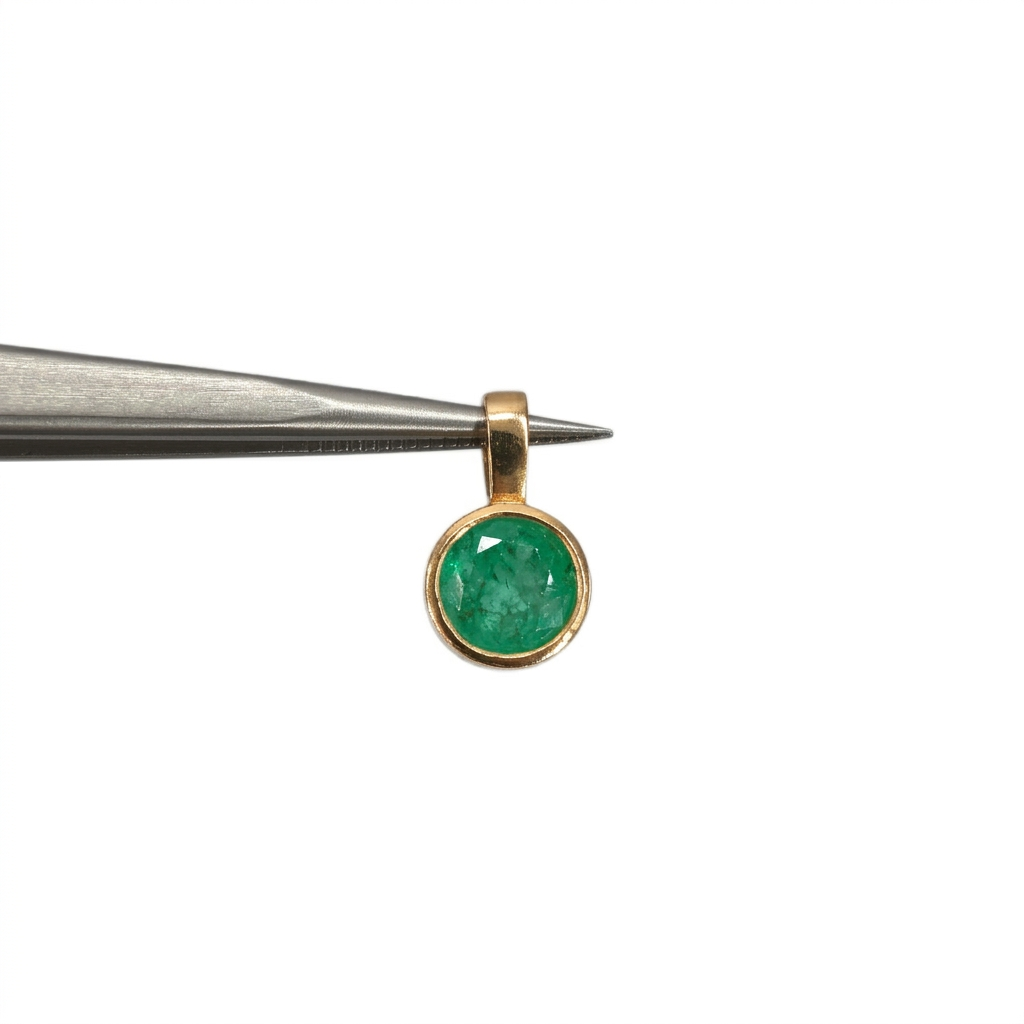 Dije Esmeralda Redonda en Engaste Biselado Oro 18k - Imagen 3