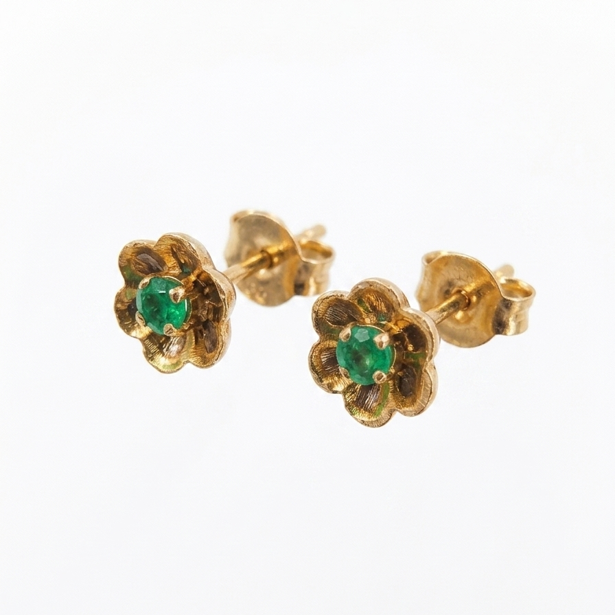 Aretes topo flor con esmeralda Oro 18k - Imagen 2