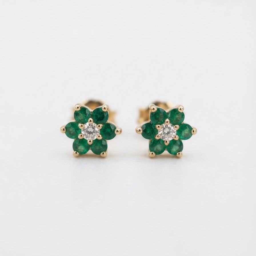 Topos Flor de Esmeralda con Diamante Central Oro 18k