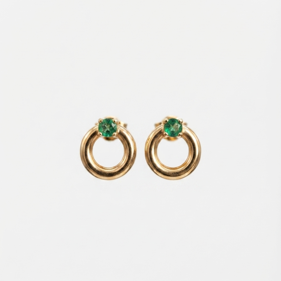 Topos Circulares con Esmeralda Redonda Oro 18k