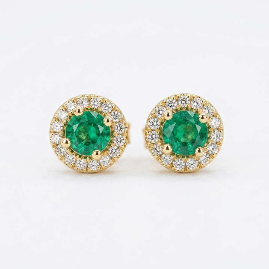 Aretes topo Redondos Halo de Diamante Oro 18k